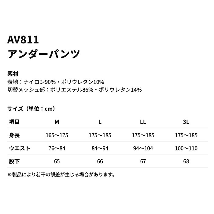 AV811 アンダーパンツ AVIREX WORK 春夏 作業服 作業着 コンプレッション アンダーパンツ M～3L ナイロン90％・ポリウレタン10％-特徴
