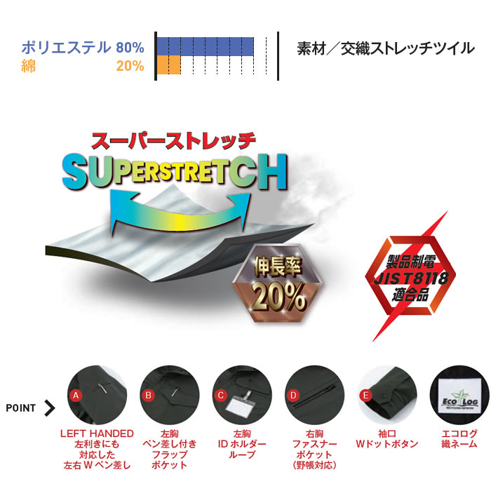 EBA336 長袖ジャケット BIGBORN ビッグボーン 秋冬 作業服 作業着 S～6L ポリエステル80％・綿20％ 交織ストレッチツイル-特徴