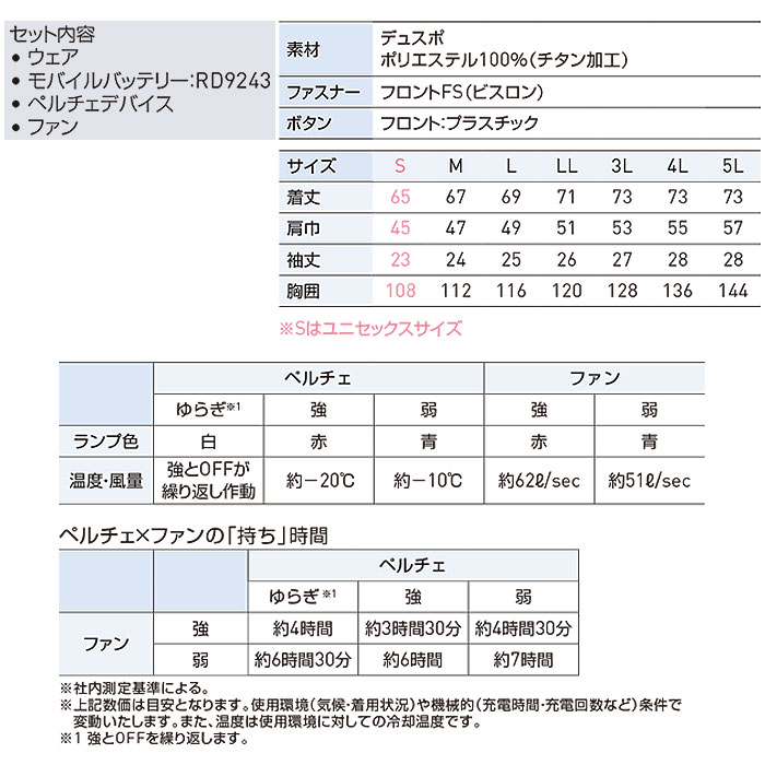 EF92590S ハイブリッドクールショートスリーブジャケット ファン・ペルチェ・デバイス含むフルセット EXFROZEN SUN-S サンエス 春夏 作業服 作業着 ペルチェウェア 空調ウェア 刺繍加工不可-サイズ