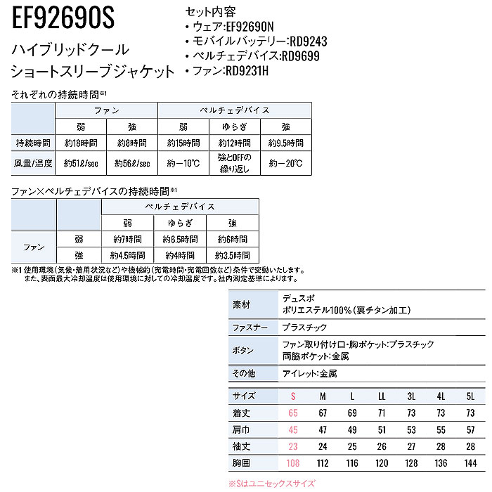 EF92690S ハイブリッドクールショートスリーブジャケット ファン・ペルチェ・デバイス含むフルセット EXFROZEN SUN-S サンエス 春夏 作業服 作業着 ペルチェウェア 空調ウェア 刺繍加工不可-サイズ
