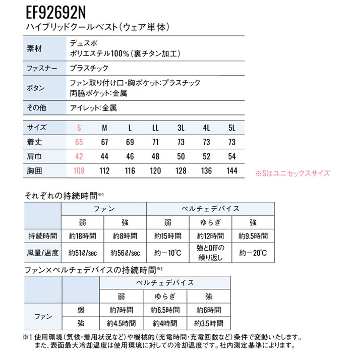 EF92692S ハイブリッドクールベスト ファン・ペルチェ・デバイス含むフルセット EXFROZEN SUN-S サンエス 春夏 作業服 作業着 ペルチェウェア 空調ウェア 刺繍加工不可-サイズ