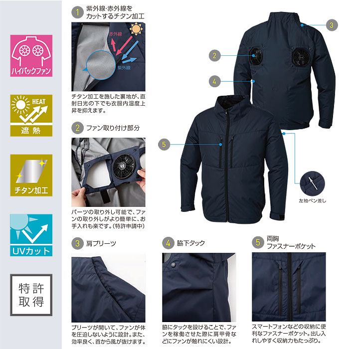 KF92511 チタン加工長袖ブルゾン フルハーネス対応 サンエス SUN-S 空調風神服専用 春夏 作業服 作業着 S～5L ポリエステル100％-特徴