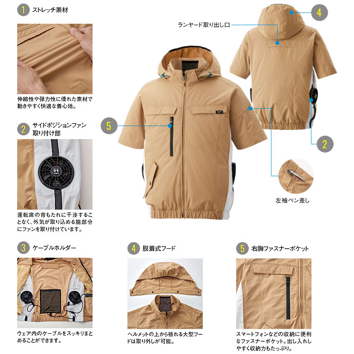 KF92630 半袖ブルゾン サンエス SUN-S 空調風神服専用 春夏 作業服 作業着 S～5L ポリエステル100％-特徴