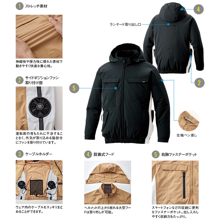 KF92631 長袖ブルゾン サンエス SUN-S 空調風神服専用 春夏 作業服 作業着 S～5L ポリエステル100％-特徴