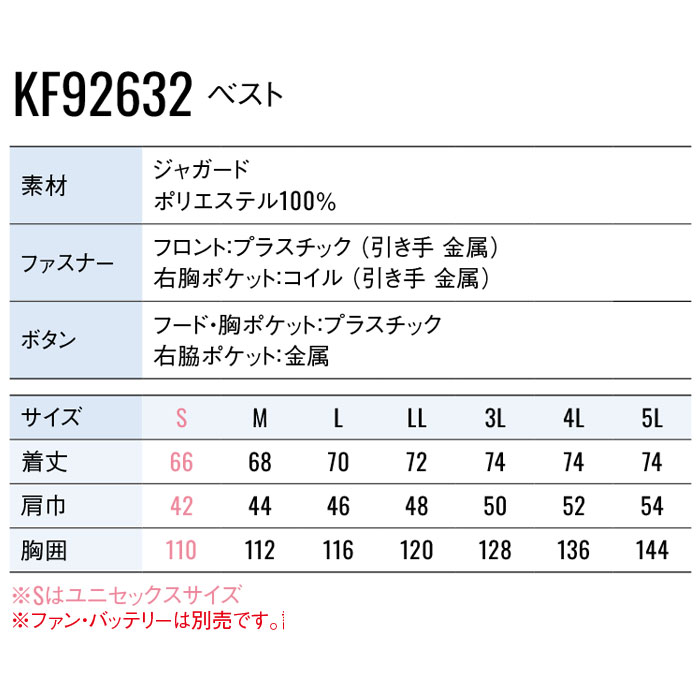 KF92632 ベスト サンエス SUN-S 空調風神服専用 春夏 作業服 作業着 S～5L ポリエステル100％-サイズ