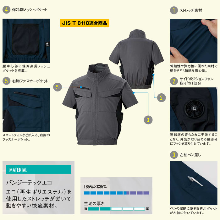 KF92650 エコ半袖ブルゾン サンエス SUN-S 空調風神服専用 春夏 作業服 作業着 ファン付き作業服 S～6L ポリエステル65％・綿35％-特徴