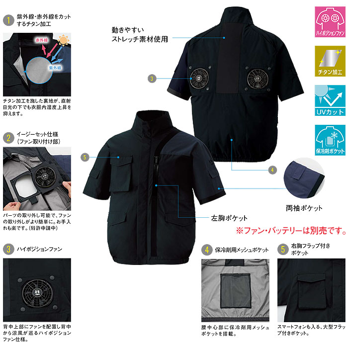KF96010 チタン加工半袖ブルゾン サンエス SUN-S 空調風神服専用 春夏 作業服 作業着 S～5L ポリエステル100％-特徴