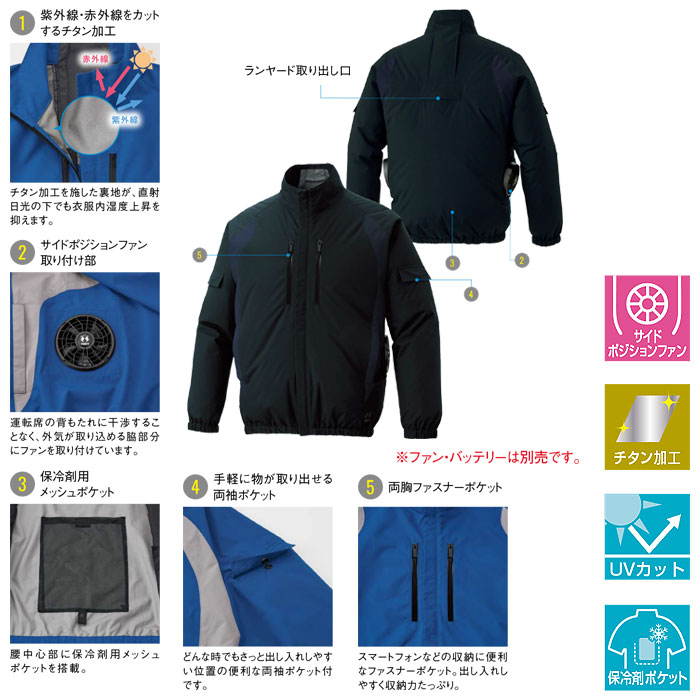 KF96021 チタン加工長袖ブルゾン サンエス SUN-S 空調風神服専用 春夏 作業服 作業着 S～5L ポリエステル100％-特徴