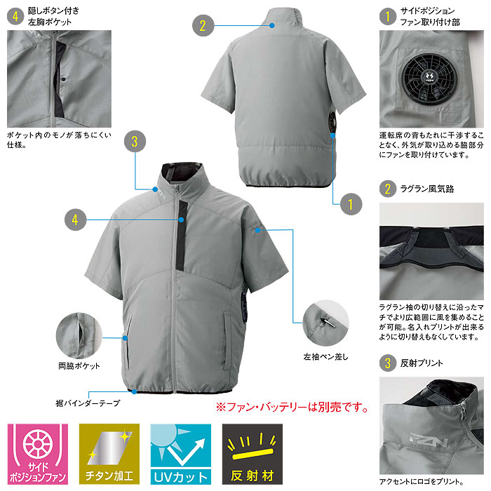 KF96030 チタン加工半袖ブルゾン サンエス SUN-S 空調風神服専用 春夏 作業服 作業着 ファン付き作業服 S～5L ポリエステル100％-特徴