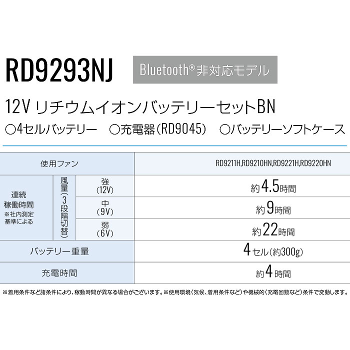 RD9293NJ リチウムイオンバッテリーセット（4セルバッテリー・充電器・バッテリーソフトケース） Bluetooth非対応モデル サンエス 春夏 作業服 作業着 空調風神服専用 PSE適合 Sマーク認証 JBRC登録 IP55適合