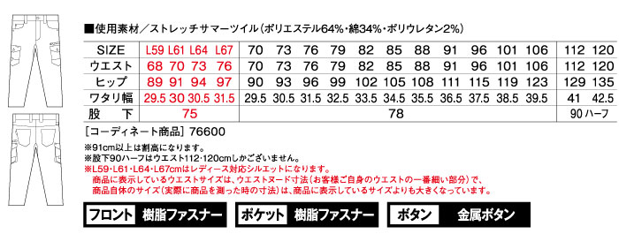 76602 ストレッチノータックカーゴパンツ 自重堂 Z-DRAGON 春夏作業服 作業着 L59～L67 70～120cm ポリエステル64％・綿34％・ポリウレタン2％ ストレッチサマーツイル