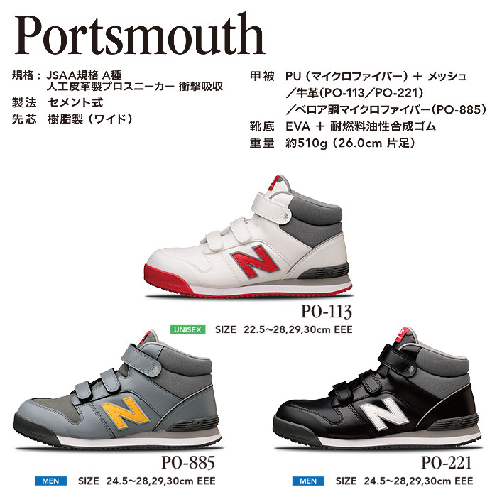 new balance（ニューバランス）安全靴 Portsmouth（ポーツマス） ハイカット マジックテープ仕様 安全スニーカー