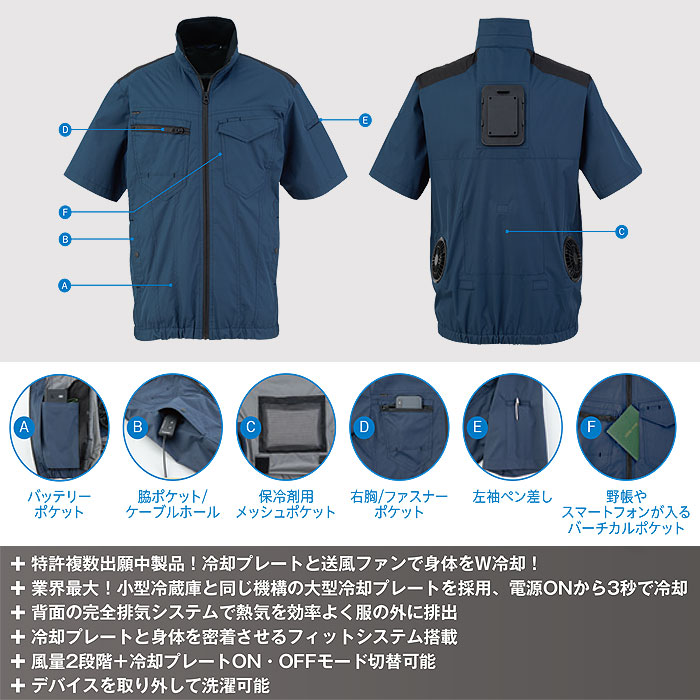 TH614 冷蔵服2026 半袖ジャケット＋ペルチェユニット＋ファンユニットのセット 春夏 作業服 作業着 ペルチェウェア 空調ウェア 刺繍加工不可 バッテリー別売り-特徴