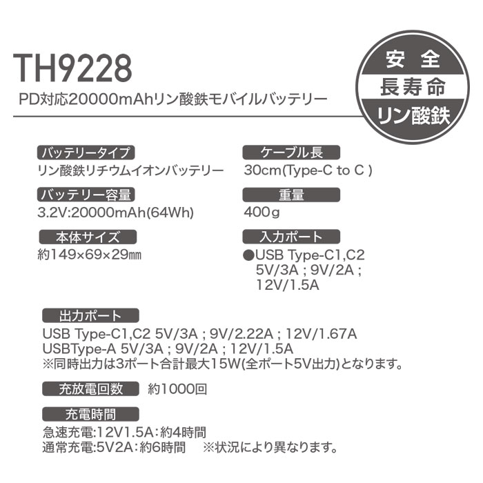 TH9228 PD対応20000mAhリン酸鉄モバイルバッテリー 安全 長寿命 発火の危険性が低いリン酸鉄 メーカー1年保証付き-サイズ
