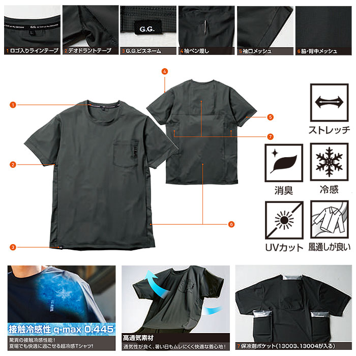 0595-53 半袖Tシャツ 胸ポケット有 SOWA 桑和 作業服 Tシャツ 接触冷感 通気性 作業着 S～4L ナイロン77％・ポリウレタン23％