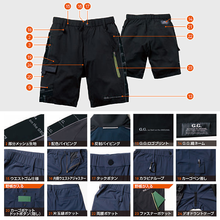 0648-17 ハーフパンツ ノータック 桑和 SOWA 春夏 作業服 作業着 接触冷感 ストレッチ S～4L ナイロン88％・ポリウレタン12％-特徴