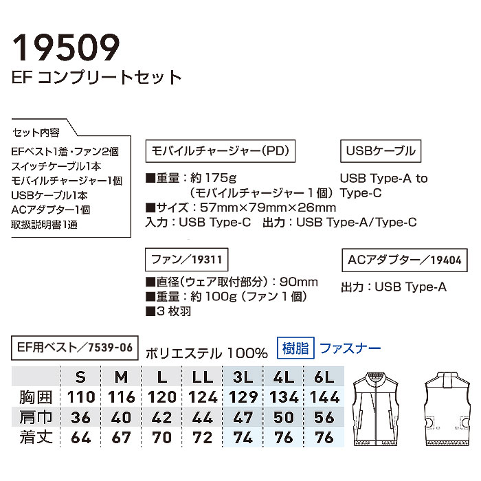 19509 EF用コンプリートセット 桑和 SOWA 春夏 作業服 作業着 S～6L ポリエステル100％-サイズ