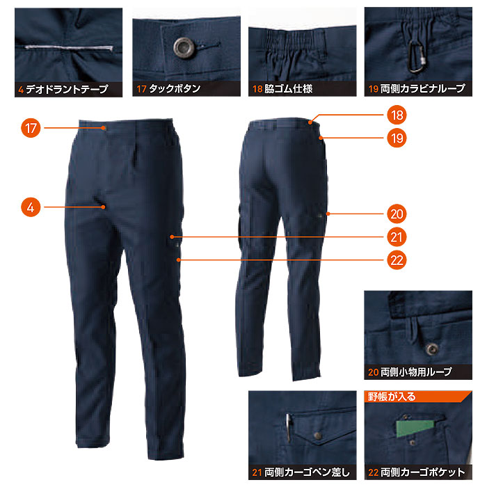3058-08 カーゴパンツ ワンタック 脇ゴム 桑和 SOWA 春夏 作業服 作業着 GS～G3L SS～6L ポリエステル78％・綿22％ 日本製T/C素材JETAIR-特徴