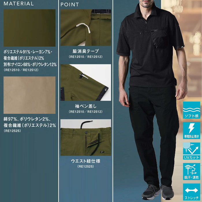 RE12510 ワークポロシャツ REACTOR SUN-S サンエス 春夏 作業服 S～5L ポリエステル91％・レーヨン7％・複合繊維2％ ソフト静電カノコ-特徴