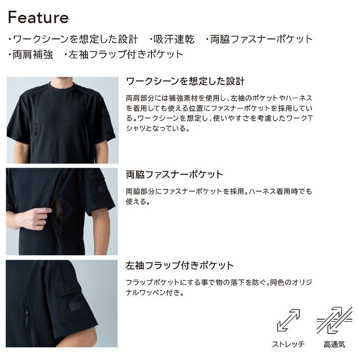 5545 スラントジップショートスリーブTシャツ TSDESIGN TSデザイン 作業服 春夏 半袖Tシャツ 作業着 S～3L ポリエステル60％・綿35％・ポリウレタン5％ グレインニット-特徴