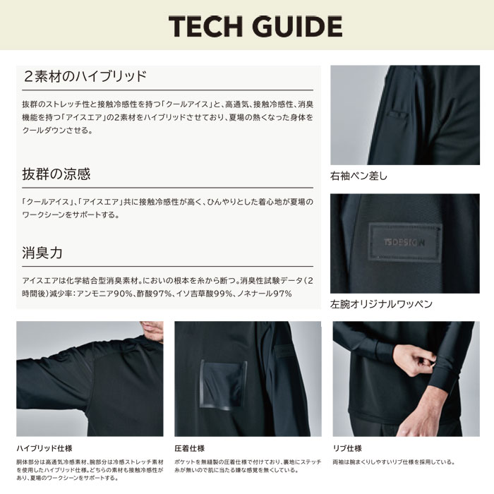 8515 TS DEOロングスリーブTシャツ TSDESIGN TSデザイン 作業服 春夏 長袖Tシャツ 作業着 S～3L ナイロン80％・ポリエステル20％ アイスエア-特徴