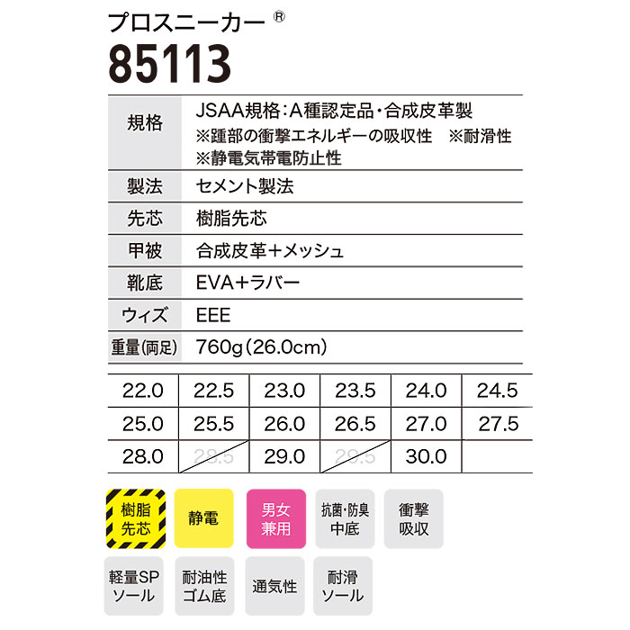 85113 プロスニーカー® XEBEC ジーベック 安全靴 安全スニーカー 22～30cm 合成皮革＋メッシュ-サイズ