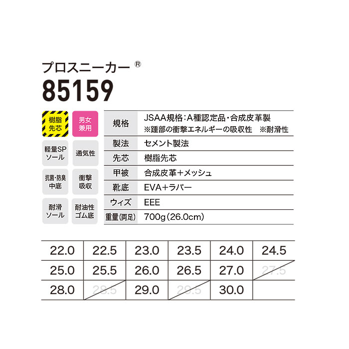 85159 プロスニーカー® XEBEC ジーベック 安全靴 安全スニーカー 22～30cm 合成皮革＋メッシュ-サイズ