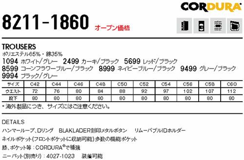 8211-1860 TROUSERS ビッグボーン BLAKLADER 秋冬作業服 作業着 C42-C60 ポリエステル65％・綿35％ T/Cツイル