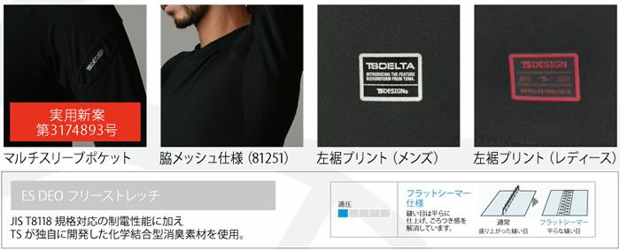 81221 ES DEOロングパンツ TSDESIGN 藤和 作業服 春夏 コンプレッション 作業着 S～3L ポリエステル85％・ポリウレタン15％ ES DEOフリーストレッチ（導電繊維混入）