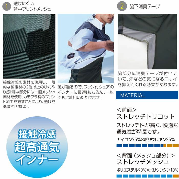 SA10162 半袖クーリングTシャツ SUN-S サンエス 春夏 作業服 M～XL 表：ナイロン75％・ポリウレタン25％　裏：メッシュ部分ポリエステル90％・ポリウレタン10％ ストレッチトリコット