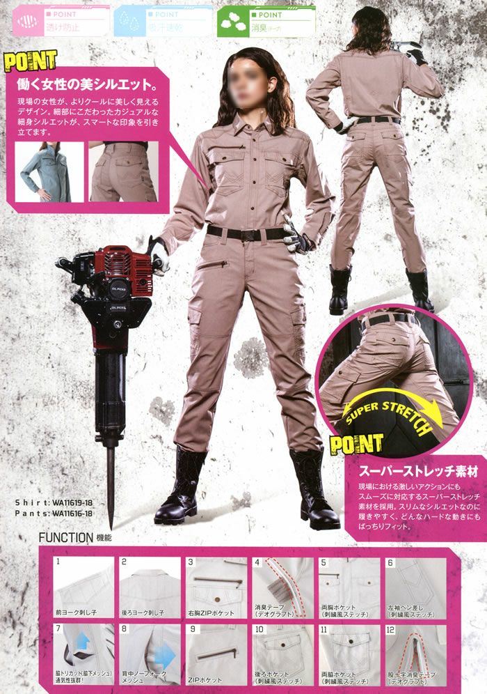 WA11612 レディース長袖ブルゾン SUN-S サンエス 春夏作業服 S～L ポリエステル64％・綿35％・複合繊維（ポリエステル）１％（再生ポリエステル55％） ペンタス®ライトフィックス