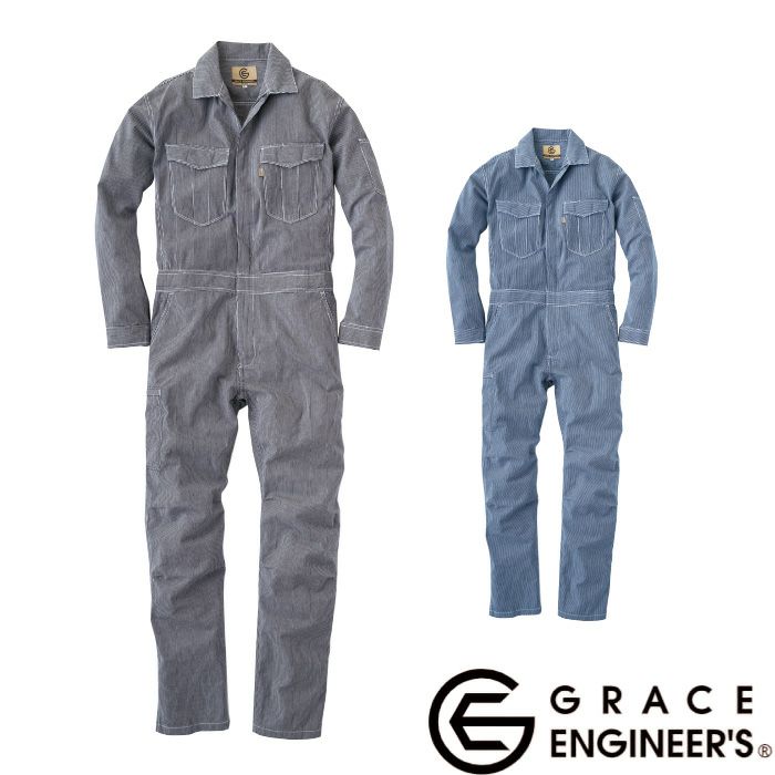 GE-587 綿麻ストライプ長袖ツナギ エスケープロダクト GRACE ENGINEER'S つなぎ服 オーバーオール ツナギ サロペット 作業服 作業着 SS～5L、5号～13号 綿 75%・麻 25%