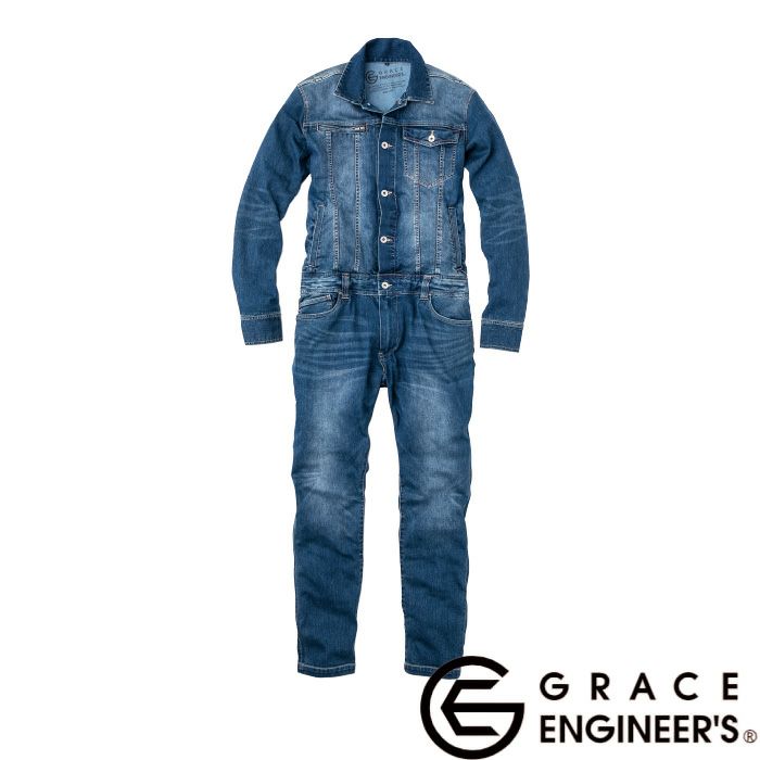 GE-300 ユーズドデニム・ストレッチツナギ エスケープロダクト GRACE ENGINEER'S つなぎ服 オーバーオール ツナギ サロペット 作業服 作業着  綿 50％・レーヨン 29％・ポリエステル 20％・ポリウレタン 1％