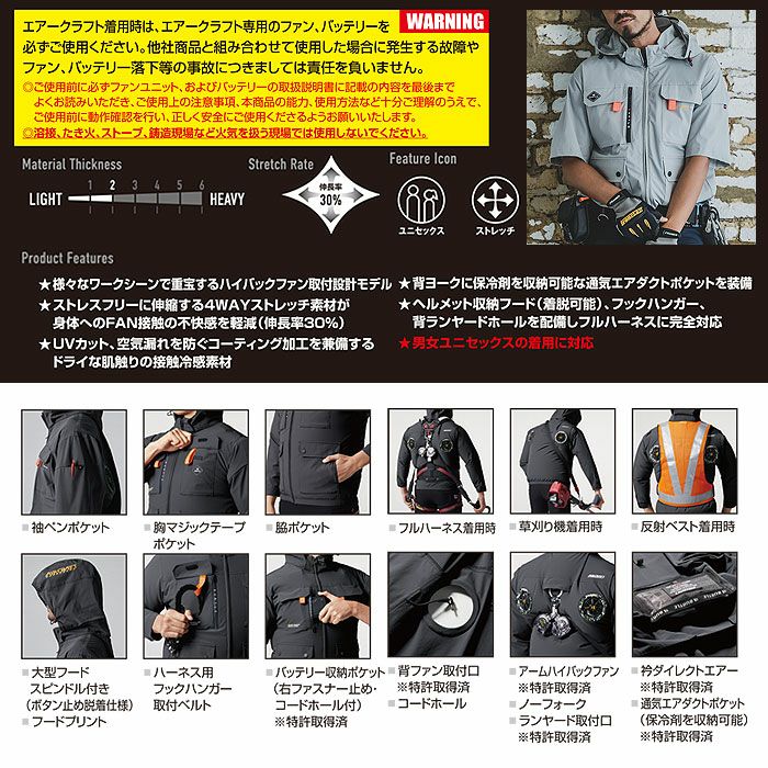 AC2036 エアークラフトAC半袖ブルゾン ユニセックス BURTLE バートル 春夏作業服 作業着 ファン付き作業服 S～3XL ナイロン90％・ポリウレタン10％