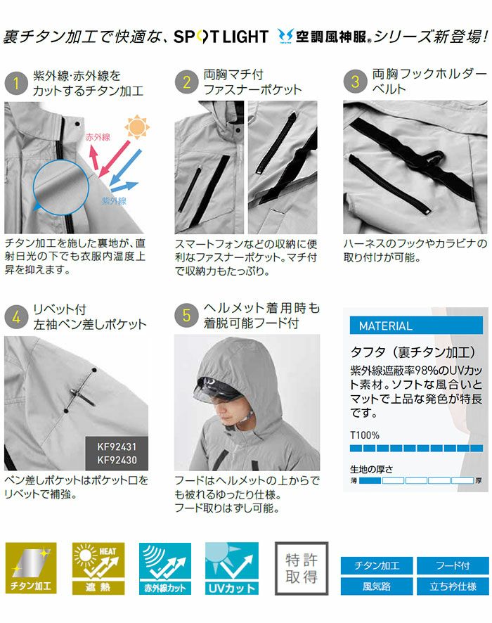KF92431 チタン加工長袖ブルゾン サンエス SUN-S 空調風神服専用 春夏 作業服 作業着 M～3L ポリエステル100％