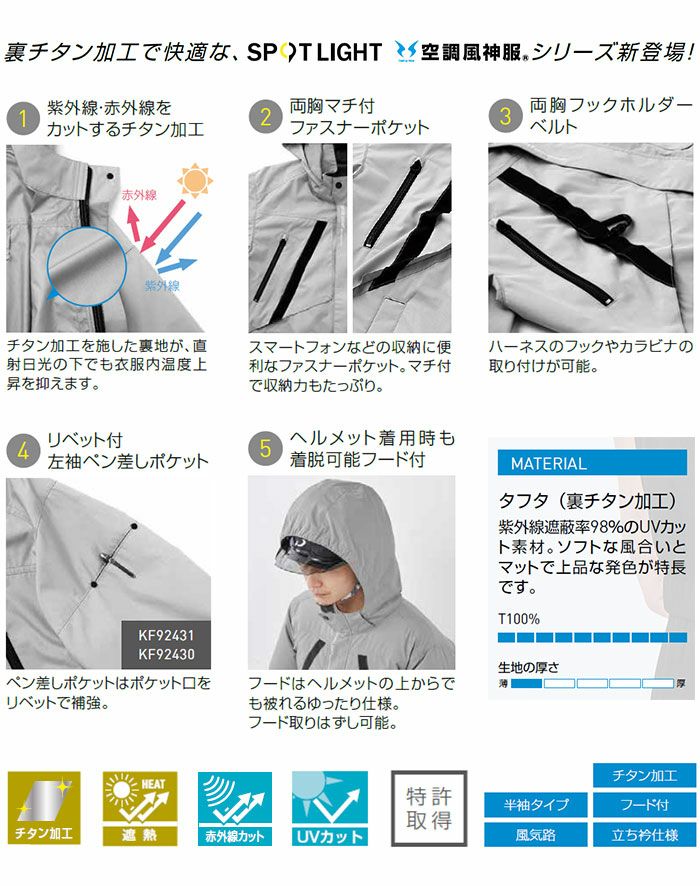 KF92430 チタン加工半袖ブルゾン サンエス SUN-S 空調風神服専用 春夏 作業服 作業着 M～3L ポリエステル100％