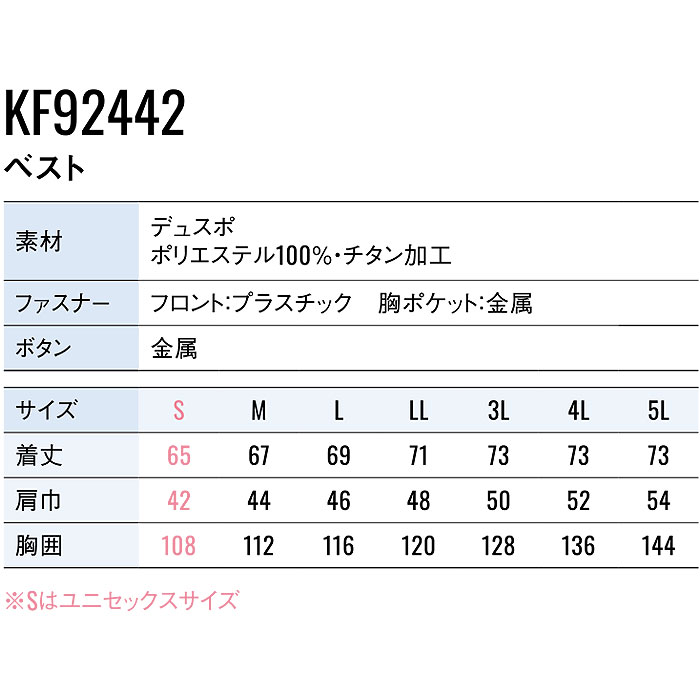 KF92442 ベスト サンエス SUN-S 空調風神服専用 春夏 作業服 作業着 S～5L ポリエステル100％