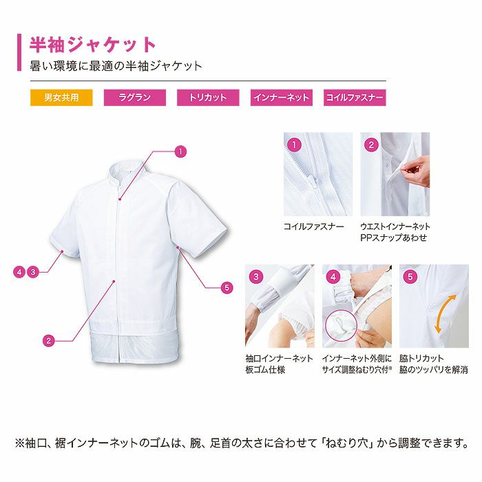 FX70965R 男女兼用混入だいきらい半袖ジャケット 工場白衣 SUN-S サンエス 白衣 S～5L ポリエステル65％・綿35％