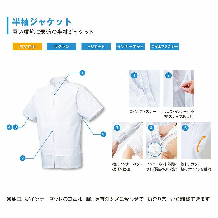 FX70975R 男女兼用混入だいきらい半袖ジャケット 工場白衣 SUN-S サンエス FoodMeister 白衣 春夏 S～5L ポリエステル65％・綿35％