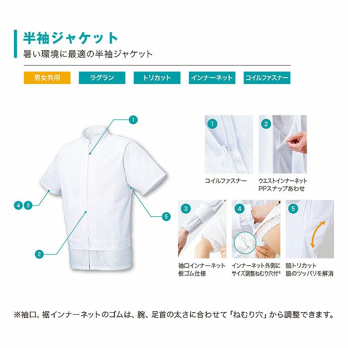 FX70945R 男女兼用混入だいきらい半袖ジャケット 工場白衣 SUN-S サンエス FoodMeister 白衣 S～5L ポリエステル100％
