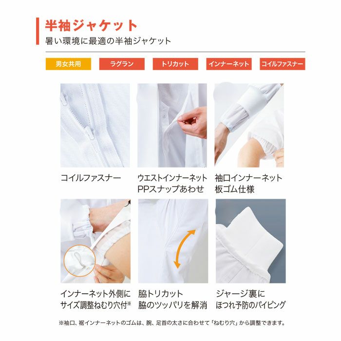 FX70955R 男女兼用混入だいきらい半袖ジャケット 工場白衣 SUN-S サンエス FoodMeister 白衣 春夏 S～5L ポリエステル85％・綿15％