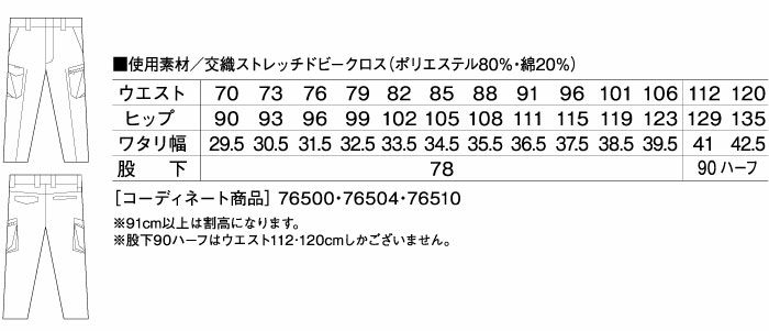 76502 製品制電ストレッチノータックカーゴパンツ 自重堂 Z-DRAGON 春夏作業服 作業着 70～120cm ポリエステル80％・綿20％ 交織ストレッチドビークロス