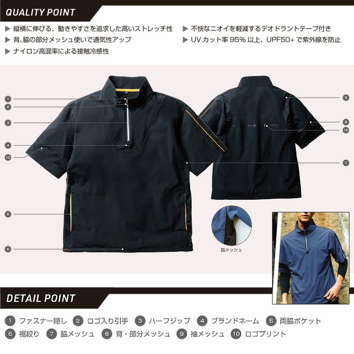 0375-64 半袖Tシャツ ハーフジップ 胸ポケット無し SOWA 桑和 作業服 Tシャツ 作業着 S～4L ナイロン90％・ポリウレタン10％