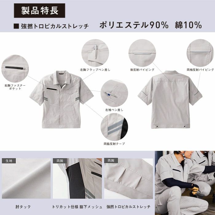 GK12400 半袖ブルゾン SUN-S サンエス 春夏 作業服 作業着 SS～6L ポリエステル90％・綿10％ 強撚トロピカルストレッチ