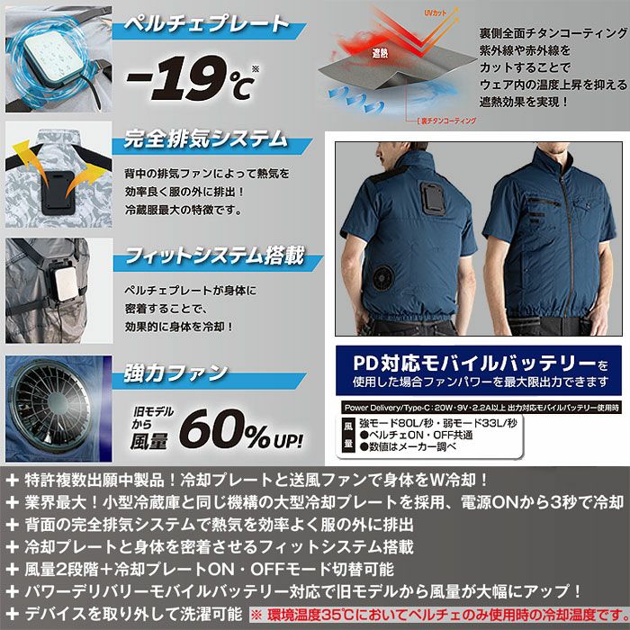 TH604 冷蔵服4 半袖ジャケット＋ペルチェユニット＋ファンユニットのセット 春夏 作業服 作業着 メーカー1年保証付き 刺繍加工不可