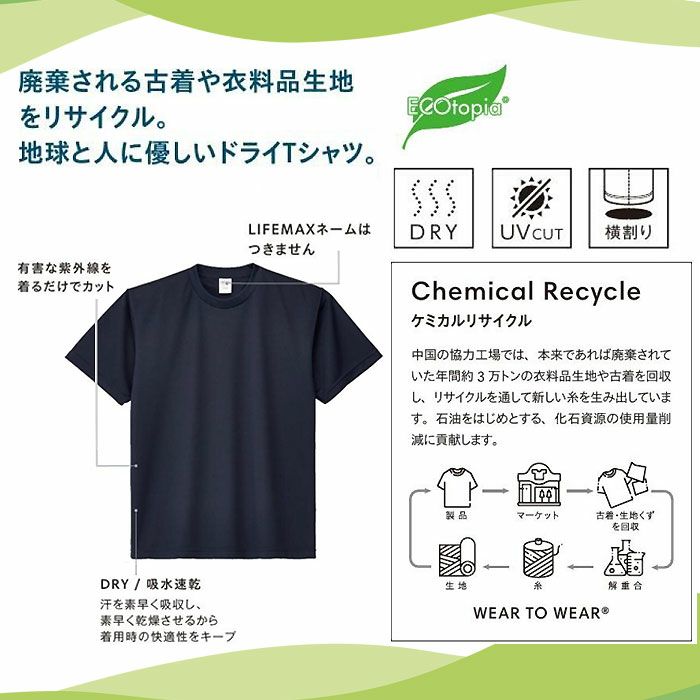MST1102 リサイクルポリエステルTシャツ（ケミカルリサイクル） LIFEMAX BONMAX 作業服 作業着 カジュアルウェア S～XL ポリエステル100％ メッシュ