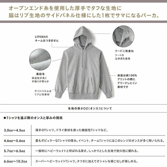 MS2130 ヘビーウェイトプルオーバーパーカ LIFEMAX BONMAX 作業服 作業着 カジュアルウェア S～XL 綿75％・ポリエステル25％ 裏起毛