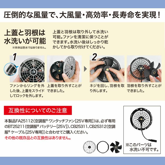 FA25112 空調服®ワンタッチファン 25V専用 最大風量103リットルの大風量 自重堂 ジーベック 春夏 作業服 ファン付き作業着 （株）セフト研究所