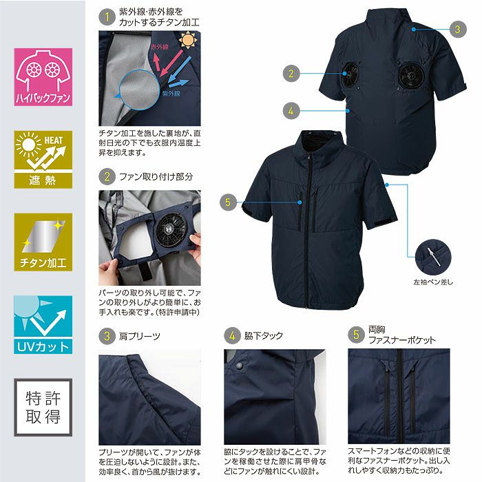 KF92510 チタン加工半袖ブルゾン フルハーネス対応 サンエス SUN-S 空調風神服専用 春夏 作業服 作業着 S～5L ポリエステル100％