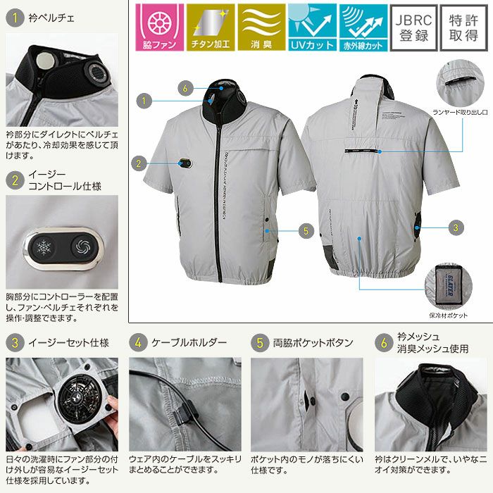 EF92590S ハイブリッドクールショートスリーブジャケット ファン・ペルチェ・デバイス含むフルセット 春夏 作業服 作業着 ペルチェウェア 空調ウェア 刺繍加工不可